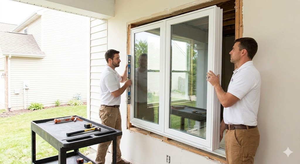 Active photograph of two contractors carefully installing a modern vinyl window unit into a house framing.